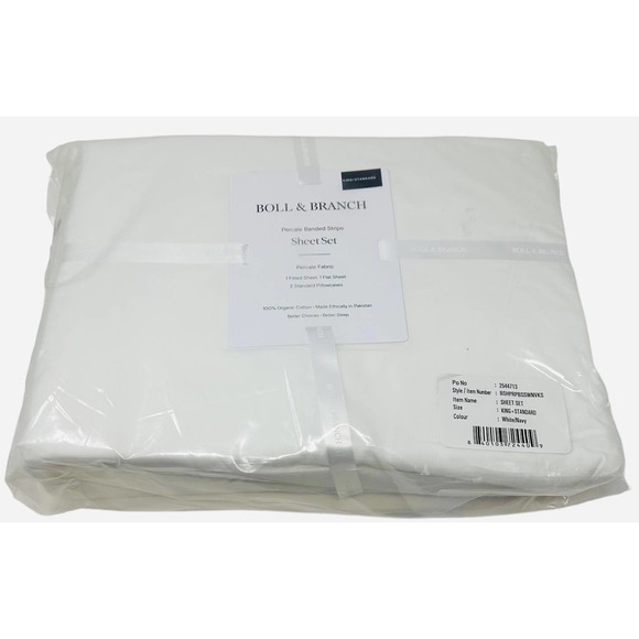 Boll & Branch Percale Banded Stripe King Sheet Set + Standard in White/Navy - Picture 1 of 4